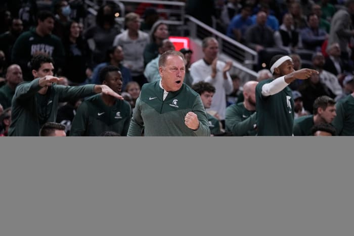 Michigan State head coach Tom Izzo reacts to a play during the second half on an NCAA college basketball game Kentucky, Tuesday, Nov. 15, 2022, in Indianapolis.